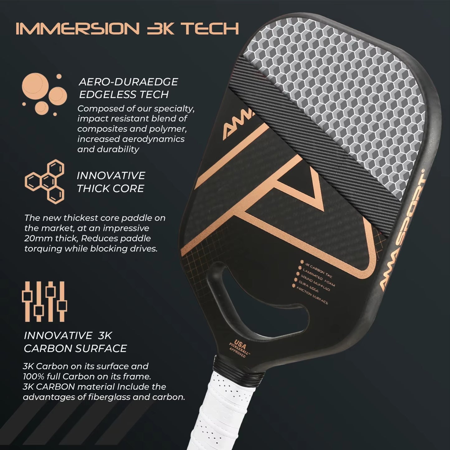 USAPA Pickleball Paddle with Maximum Spin 3K Friction Carbon Fiber Graphite Texture Surface Edgeless Pickle Ball Paddle