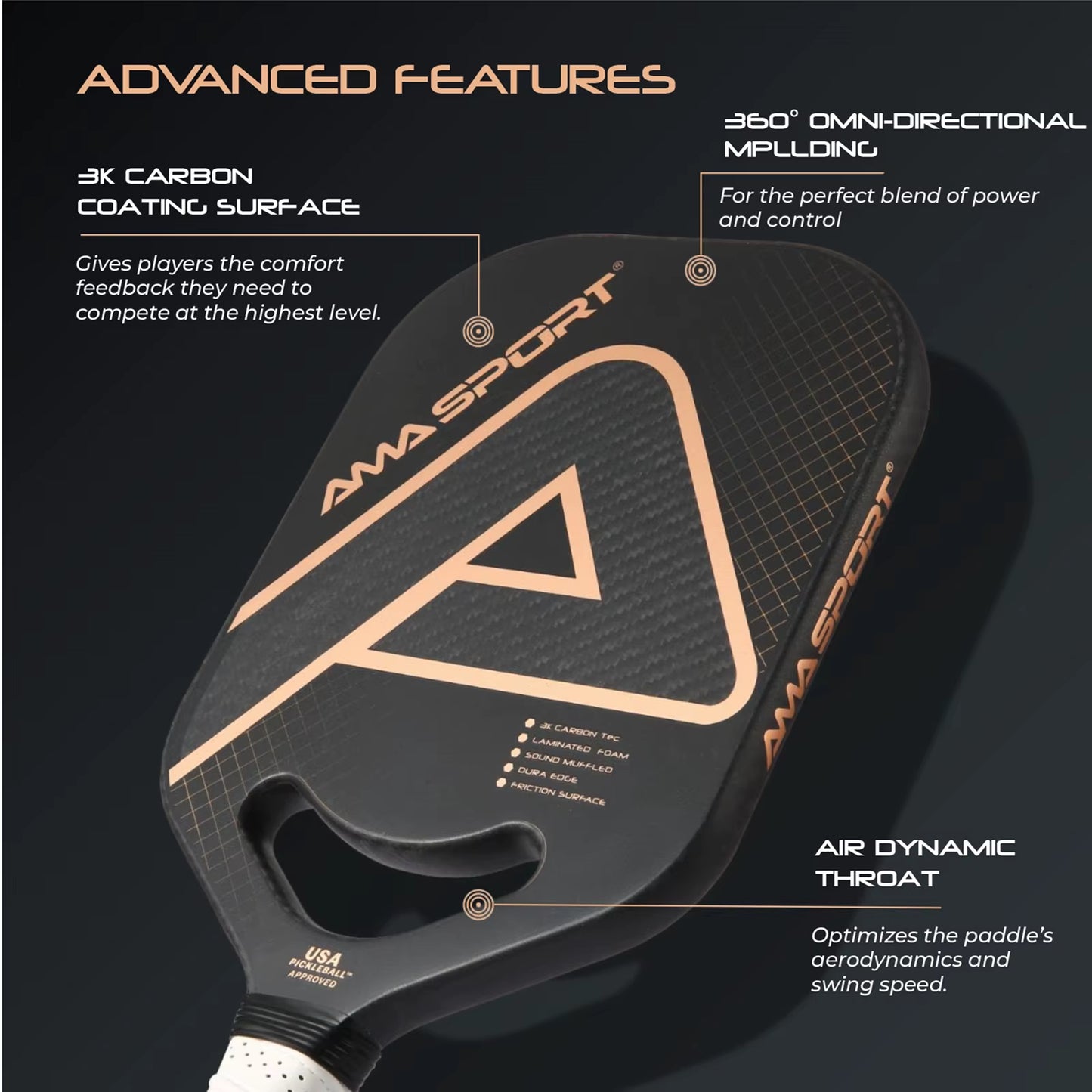 USAPA Pickleball Paddle with Maximum Spin 3K Friction Carbon Fiber Graphite Texture Surface Edgeless Pickle Ball Paddle