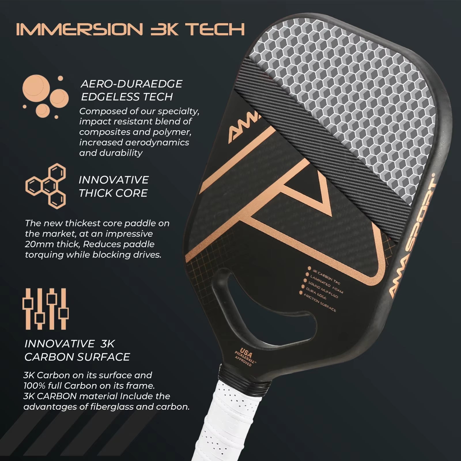 USAPA Pickleball Paddle with Maximum Spin 3K Friction Carbon Fiber Graphite Texture Surface Edgeless Pickle Ball Paddle