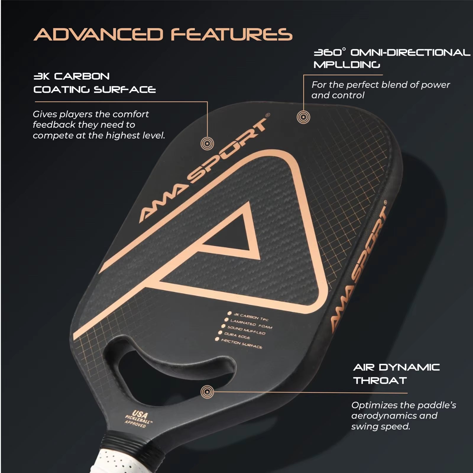 USAPA Pickleball Paddle with Maximum Spin 3K Friction Carbon Fiber Graphite Texture Surface Edgeless Pickle Ball Paddle